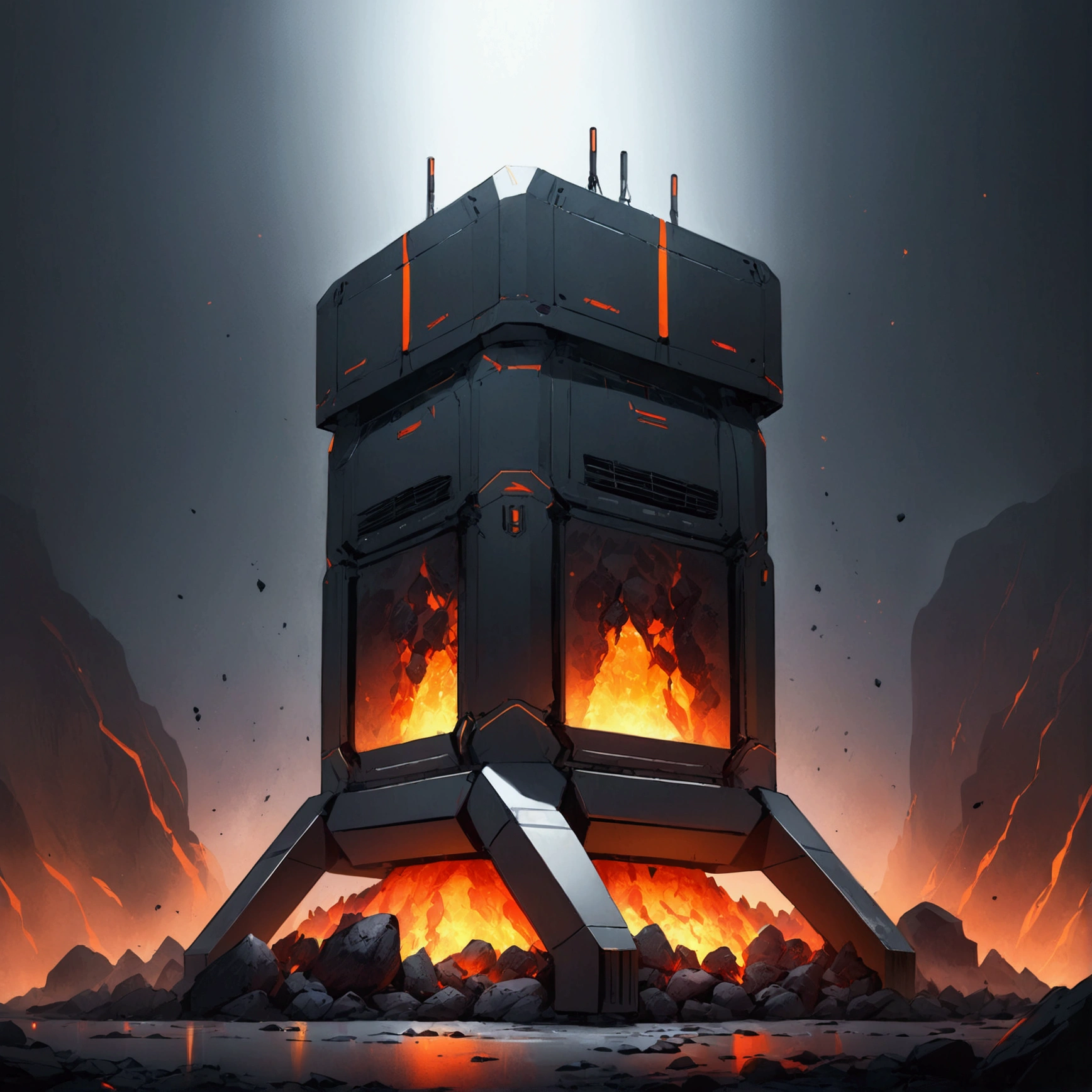 Big industrial modern and futuristic generator with leds, stand on free space, dark mood, lava rocks and magma, orange blizzards, minimalism