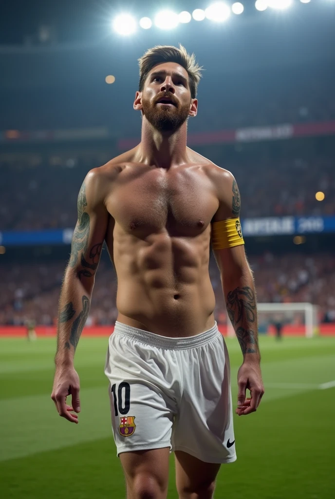 Messi standing naked showing his penis, on stadium, after scoring a goal