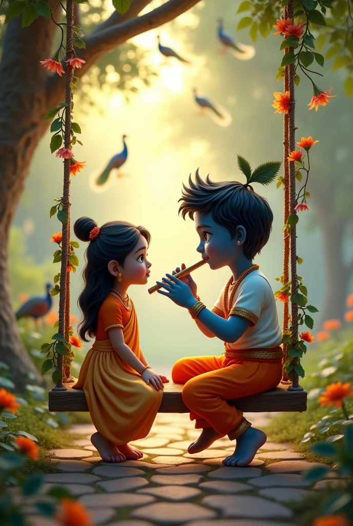 Create 3D image of 1 Indian devotional girl sitting next to Krishna ji and Krishna ji is playing flute, they both are on swing and swing is nicely decorated and sitting together, boy is wearing black color T-shirt with name “ ARTI SHAKYA” written on it, heaven like beautiful scene background, peacock dance, realistic image and boy is bare feet.