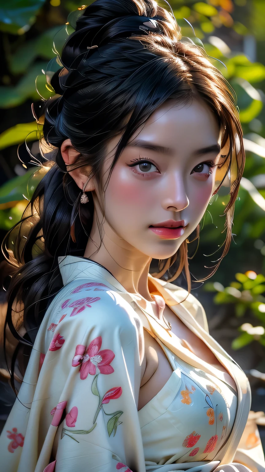 (Cinematic Light, 最high quality, 8k, masterpiece: 1.3), (The world is wonderful, Japanese Goddess, One beautiful woman in the Japan), (necklace, bracelet, anklet, Leg Ring), (Cleavage, sexly, Highly detailed breasts), (Big Tits), kimono, classic kimono, kimono, Japan kimono, intricate geisha, blue kimono with floral pattern, Japanese style, wearing kimono, Inspired by Kano Hogai, masterpiece, 最high quality, high quality, High resolution、((Face close-up))、(Face close-up