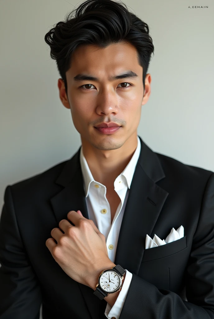 masterpiece, Best quality, realistic, a handsome Thai guy, dressed in a stylish fashion outfit, wearing a wristwatch. The outfit should be modern and elegant, with attention to detail in both the clothing and accessories. The wristwatch should be prominently visible, adding a touch of sophistication to her overall look."