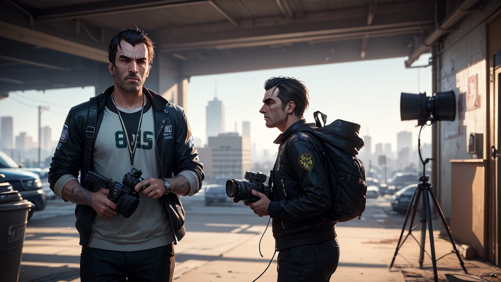 A dynamic scene of a person working for a news station, styled in the distinctive visual style of GTA 5. The individual is seen carrying a large news camera on their shoulder, marked with a channel logo, as they capture footage on location. The person is wearing professional attire and appears focused on their work, with a determined expression. The environment reflects the gritty realism and vibrant colors characteristic of GTA 5, with the surrounding cityscape and bystanders adding to the immersive atmosphere of a high-energy news report