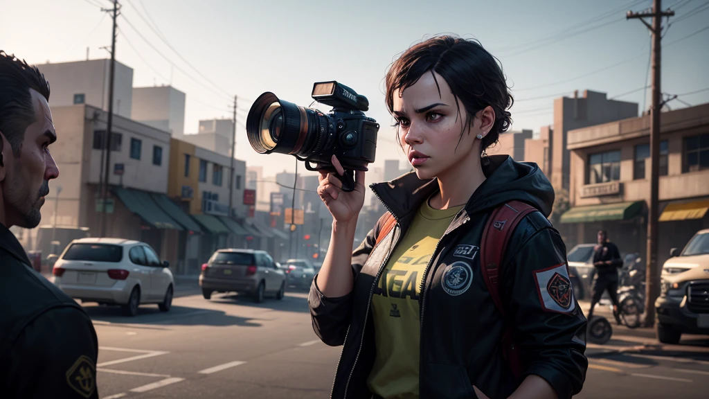 A dynamic scene of a person working for a news station, styled in the distinctive visual style of GTA 5. The individual is seen carrying a large news camera on their shoulder, marked with a channel logo, as they capture footage on location. The person is wearing professional attire and appears focused on their work, with a determined expression. The environment reflects the gritty realism and vibrant colors characteristic of GTA 5, with the surrounding cityscape and bystanders adding to the immersive atmosphere of a high-energy news report