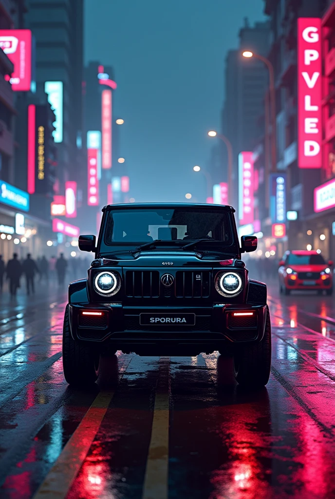 Black mahindra Scorpio car in Indian streets with black tints in night with cyberpunk neon background with foh