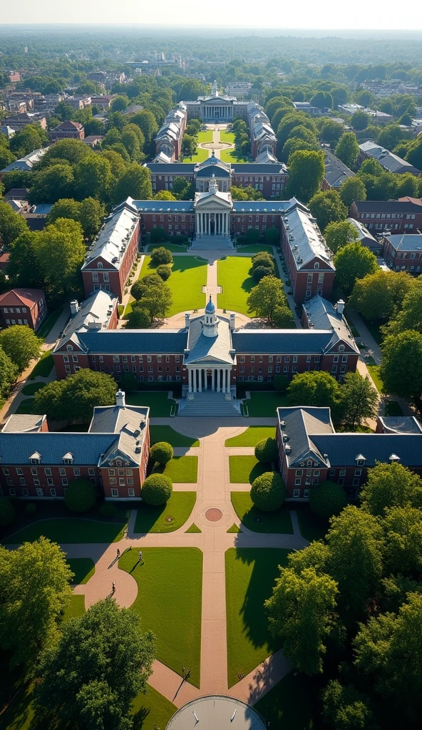 An eye bird shot of an entire Harvard University school campus taken from the sky. natural sunlight. The image is detailed, with clear visibility of all areas of the school from above, showing a peaceful and well-organized environment. wide shot --style raw