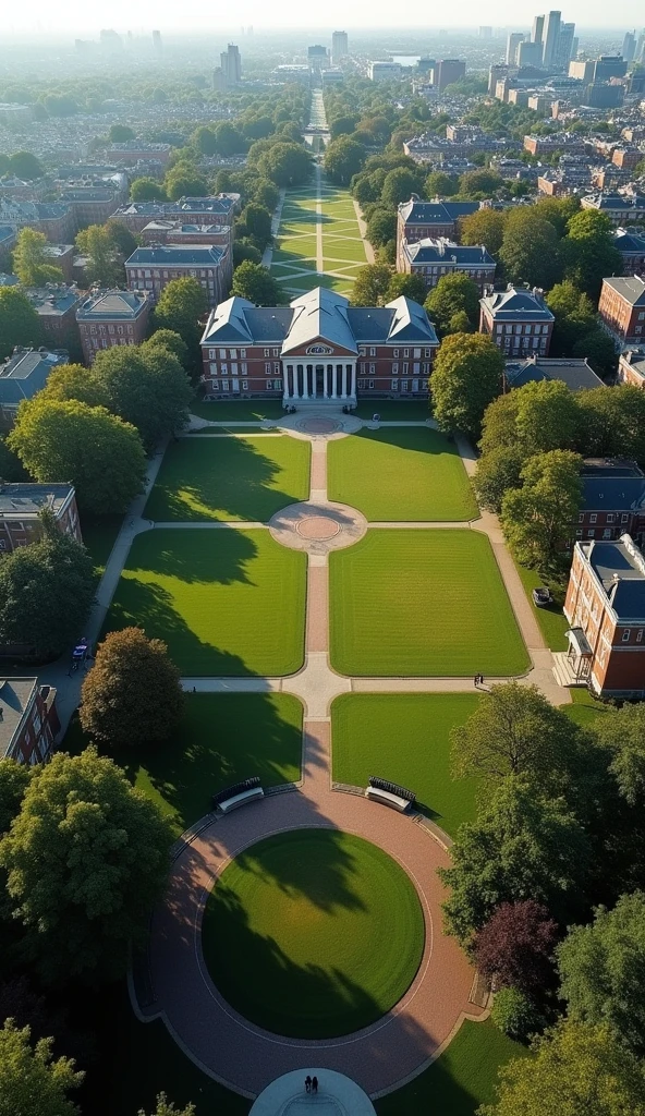 An eye bird shot of an entire Harvard University school campus taken from the sky.  natural sunlight. The image is detailed, with clear visibility of all areas of the school from above, showing a peaceful and well-organized environment. wide shot --style raw