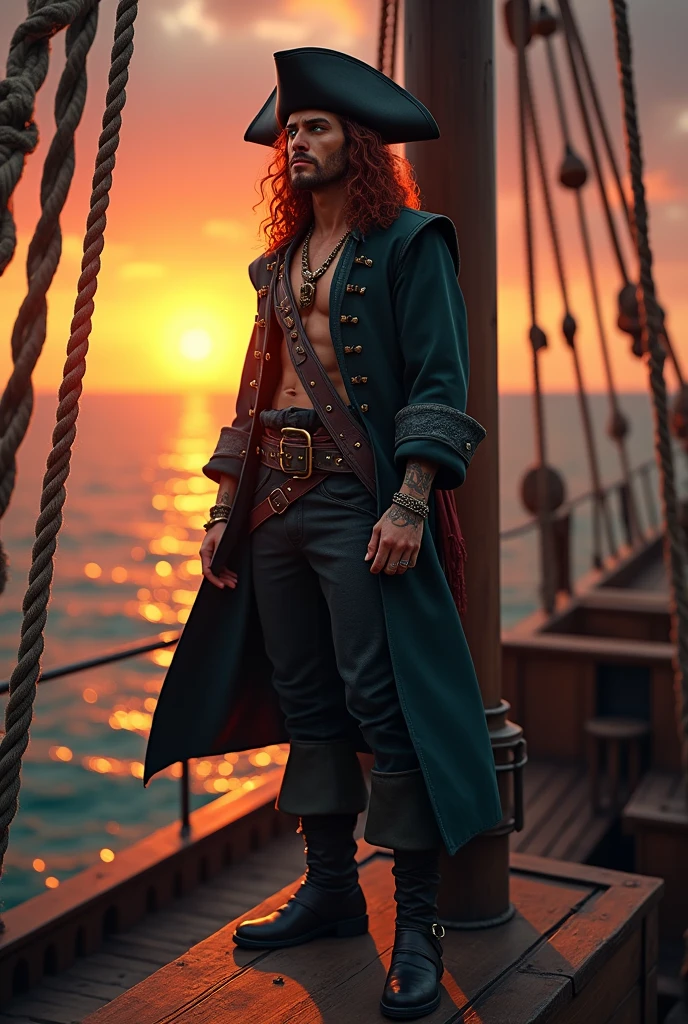 Generate the image of a pirate for a DnD campaign. A male pirate with an excited face. He has long dark red curly hair, without any type of facial hair. His eyes are emerald green, and he has a small scar on the bridge of his nose. He’s wearing a pirate hat in black leather, a long dark trench coat, under the coat a soft shirt half open, with an old leather filet. He’s wearing many bracelets and necklaces, he has many tattoo. He’s on the top of the main mast of his boat looking at the sunset
Best quality. Dark fantasy. XVI century. Pirates of the Caribbean. ((No facial hair)). Realistic.
