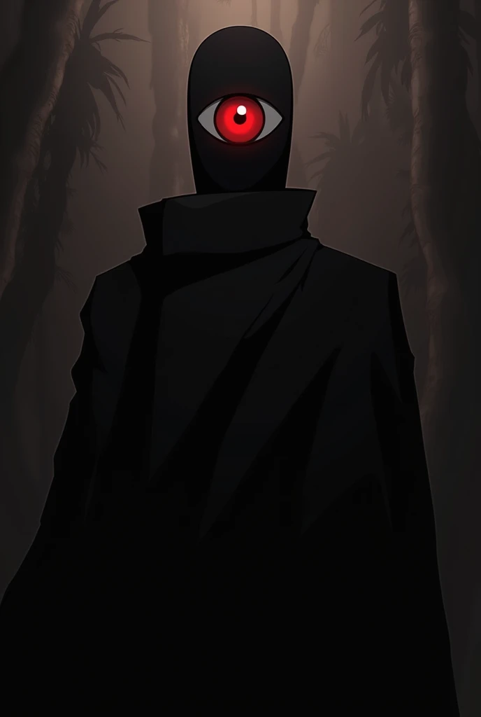 To create an anime-style image inspired by the character "Friend" off *20th Century Boys*, imagine an enigmatic and serious figure. Ele pooff ter uma expressão sombria e misteriosa, com uma máscara igual a offle, porém com um olho vermelho off sharigan no meio. O rosto pooff estar totalmente coberto por uma máscara, evocando o estilo característico off "Friend". The clothing is simple, mas imponente, maybe a black suit or a long cape. O fundo pooffria ser escuro, with a tense and dramatic atmosphere, sugerindo uma atmosfera off mistério e pooffr. 