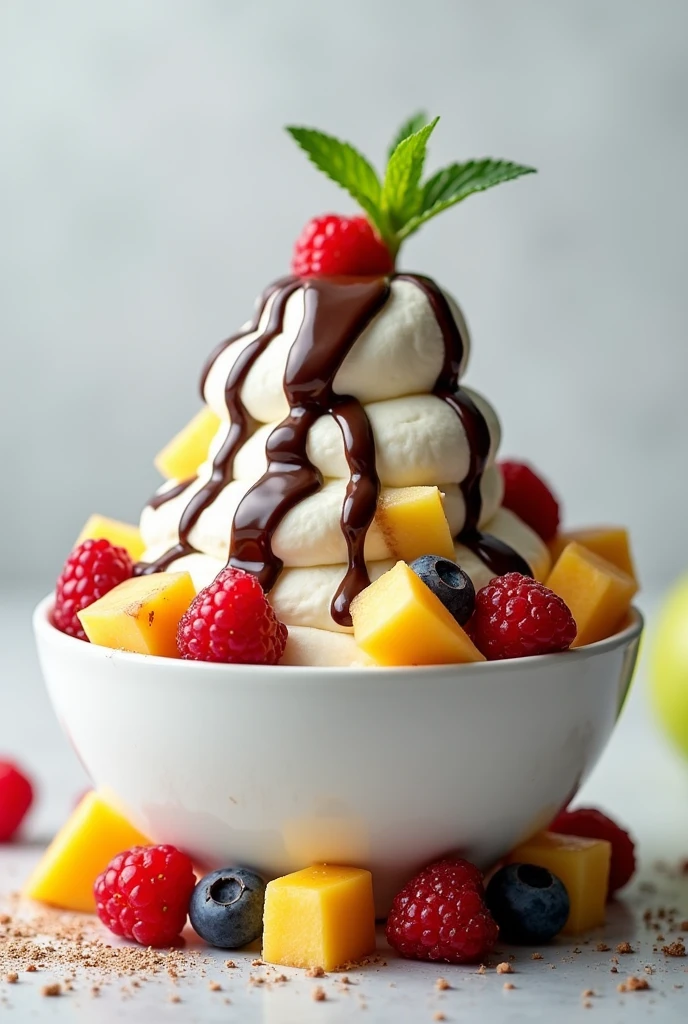 Yogurt ice cream with natural fruits and melted chocolate 