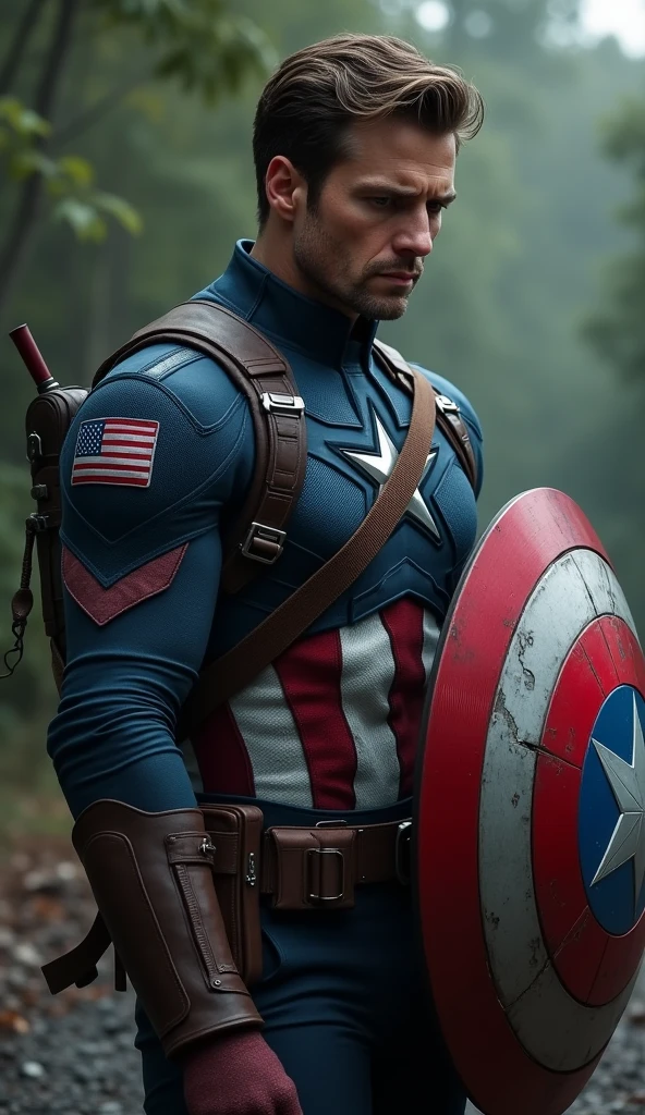 Captain America's face is a study in inner conflict, his brows furrowed, and his eyes filled with anguish as he weighs the consequences of altering the timeline. His iconic shield is slung across his back, slightly obscured, as if forgotten in this moment of deep contemplation. His stance is tense, with one foot planted forward, ready to move, but his body pulled back by the weight of the decision.