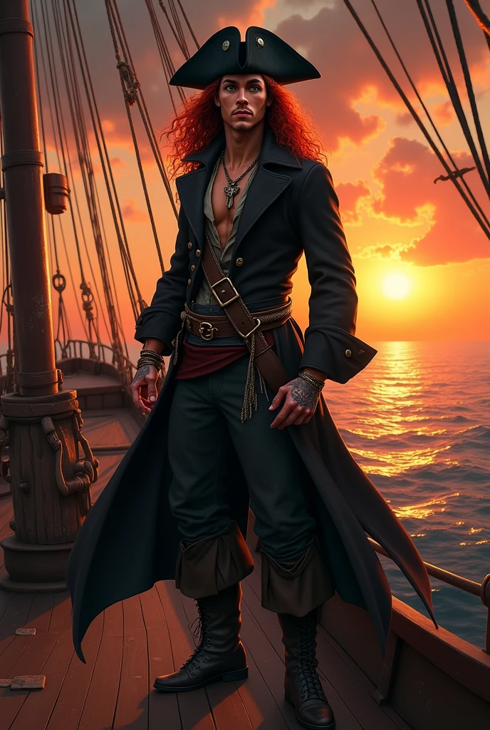 Generate the image of a pirate for a DnD campaign. A male pirate with an excited face. He has long dark red curly hair, without any type of facial hair. His eyes are emerald green, and he has a small scar on the bridge of his nose. He’s wearing a pirate hat in black leather, a long dark trench coat, under the coat a soft shirt half open, with an old leather filet. He’s wearing many bracelets and necklaces, he has many tattoo. He’s on the top of the main mast of his boat looking at the sunset
Best quality. Dark fantasy. XVI century. Pirates of the Caribbean. ((No facial hair)). Realistic.