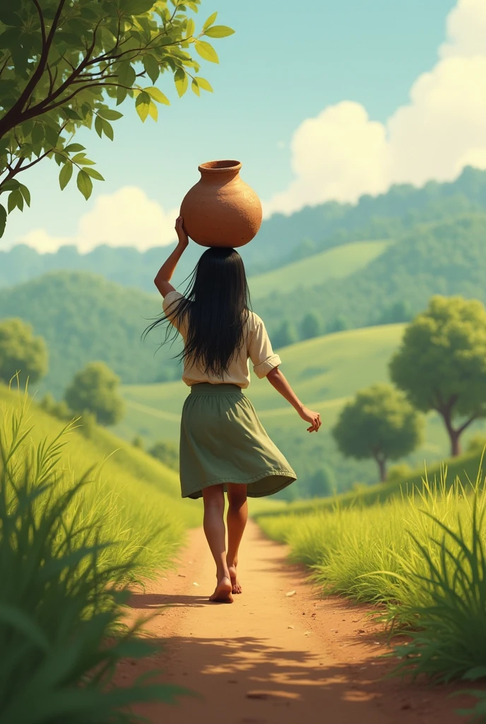 Girl carrying mud pot on her head, back shot, walk to tree