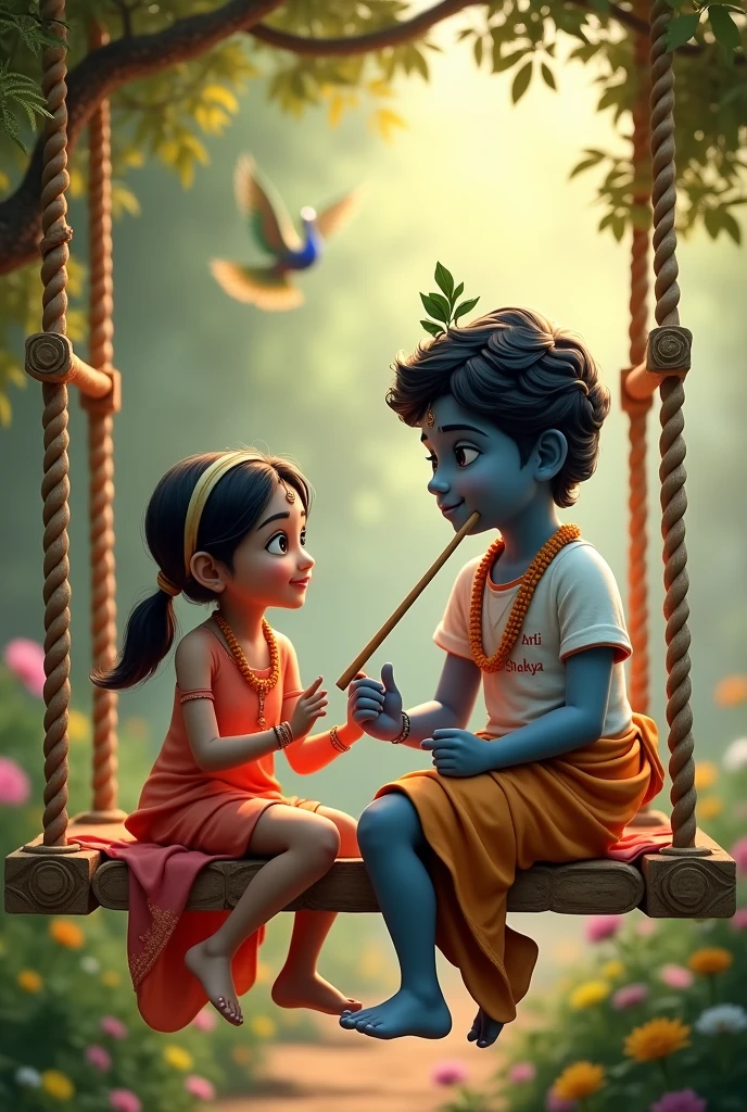 Create 3D image of 1 Indian devotional girl sitting next to Krishna ji and Krishna ji is playing flute, they both are on swing and swing is nicely decorated and sitting together, boy is wearing black color T-shirt with name “ ARTI SHAKYA” written on it, heaven like beautiful scene background, peacock dance, realistic image and boy is bare feet.