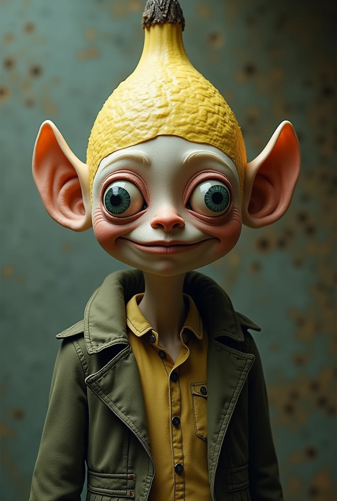 The man with 3 giant eyes,banana shaped brain,smiling 