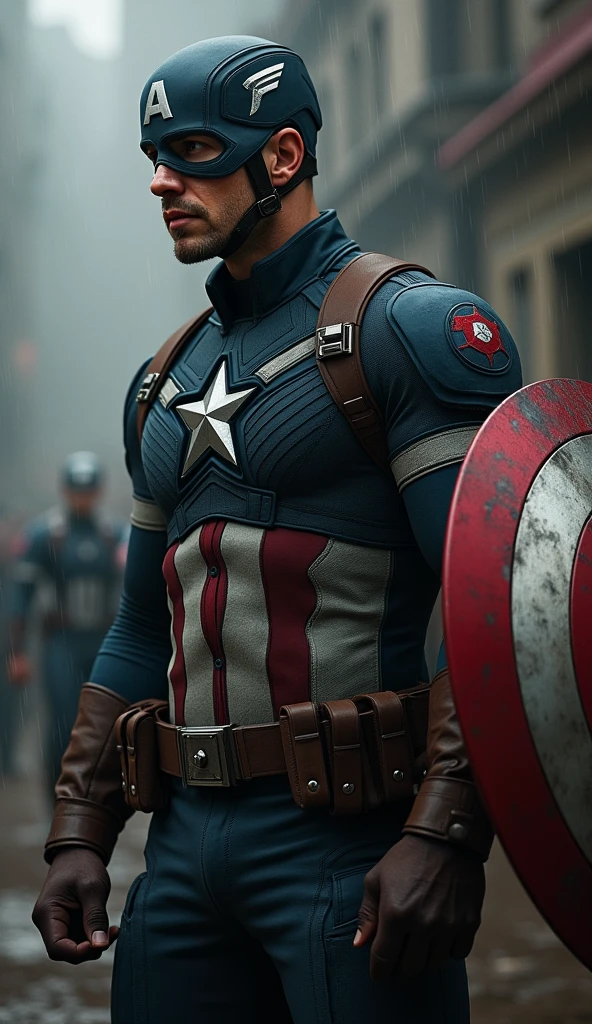 Captain America's face is a study in inner conflict, his brows furrowed, and his eyes filled with anguish as he weighs the consequences of altering the timeline. His iconic shield is slung across his back, slightly obscured, as if forgotten in this moment of deep contemplation. His stance is tense, with one foot planted forward, ready to move, but his body pulled back by the weight of the decision.