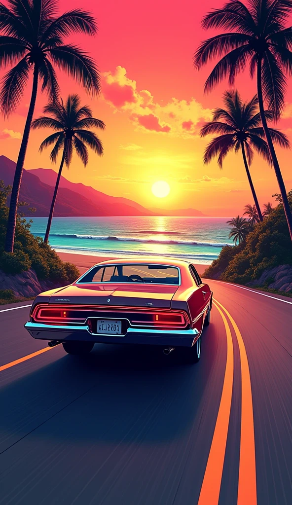  vintage car, palm trees, marine drive way, GTA Vice City style, sunset vibe, 80s, Hawaii, retro comic style illustration(back view)