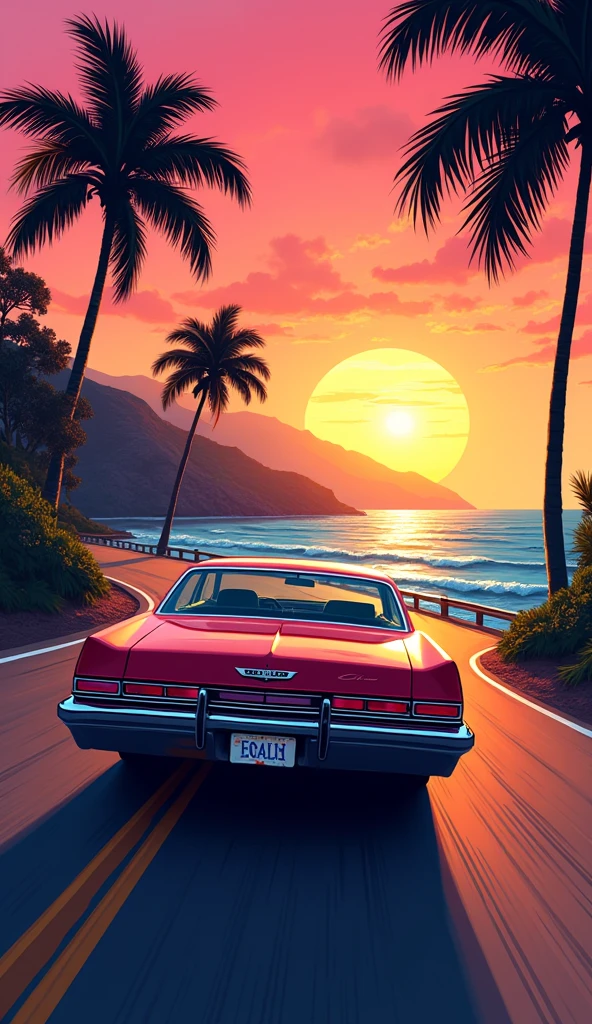 vintage car, palm trees, marine drive way, GTA Vice City style, sunset vibe, 80s, Hawaii, retro comic style illustration(back view)