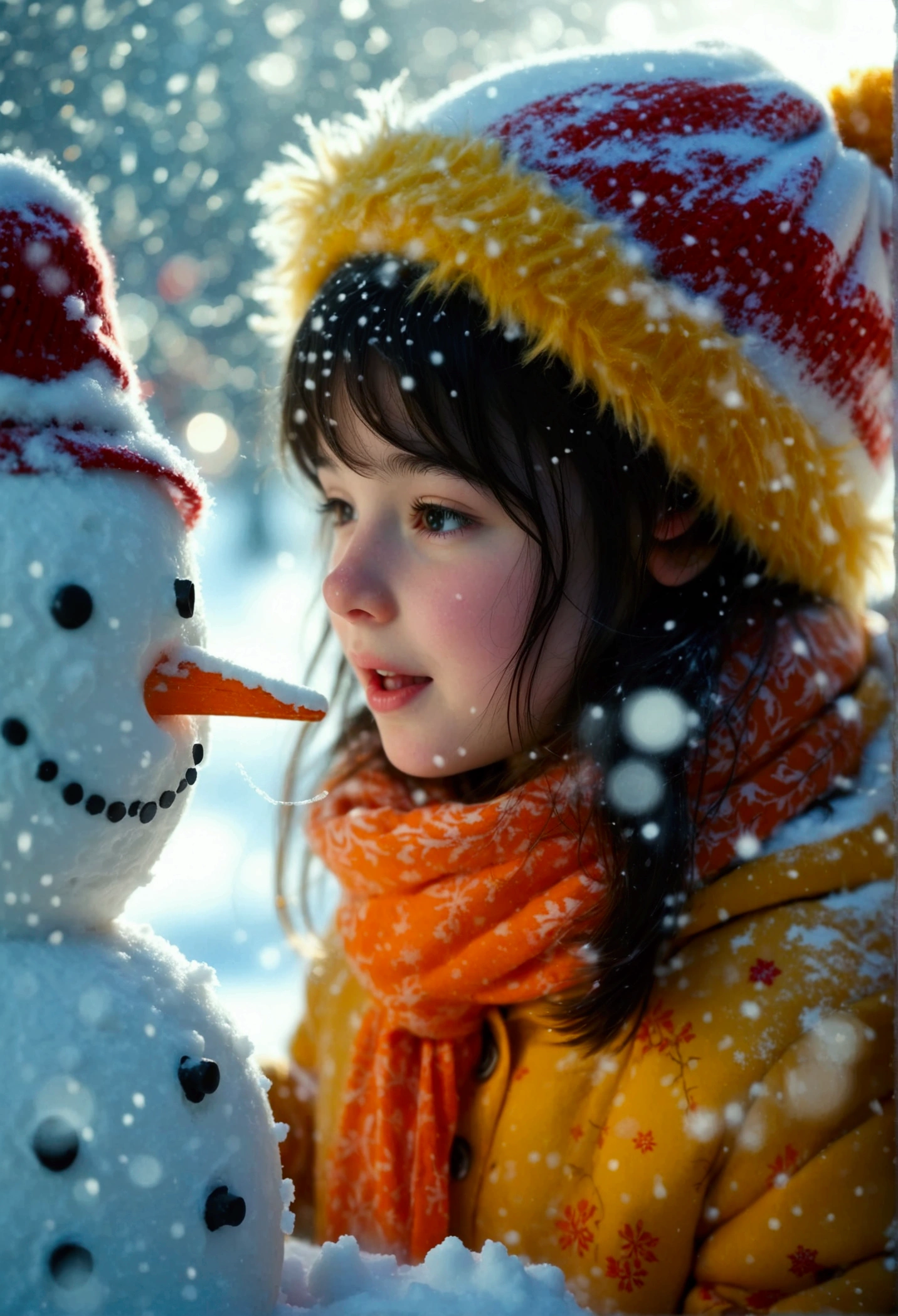 long exposure image of a girl playing in the snow, dancing around the snowman happily in the midst of snowfall, amplify snowflakes falling image surrounding, best quality, dramatic lights, cinematic motion, slow shutter shot with Fuji Film X4 f/1.5 ISO 200