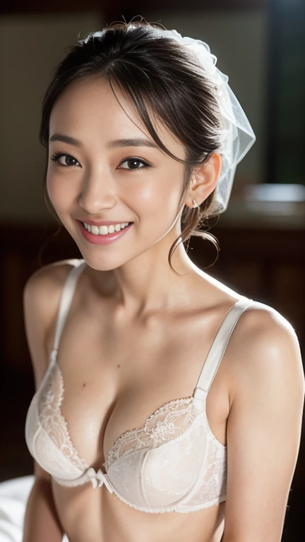masterpiece, 8k, photorealistic, optimal ratio, detailed face, ((Audience Watch)), , realistic, Small and Perky Breasts, Photo with upper body facing forward, Detailed and beautiful hair, fine skin, RAW color art, diffused soft lighting, sharp focus, cinematic lighting、smile、Bride in a bra、1、Asian beauty、chignon、New York night view、、blur the background、upper body photo、White wedding dress、、Bride in cute underwear、Cute bra