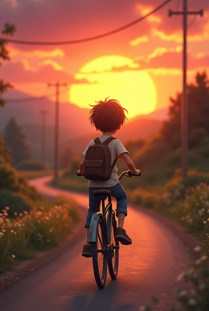 Create a boy on a bicycle approaching sunset
