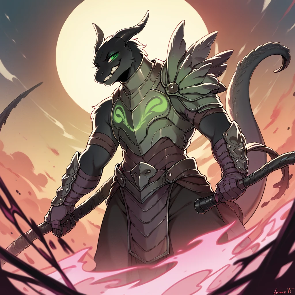nextel, score_9, score_8_up, score_7_up, score_6_up, Evil Newt, with ebony black fur and neon- green eyes in demonic armor
