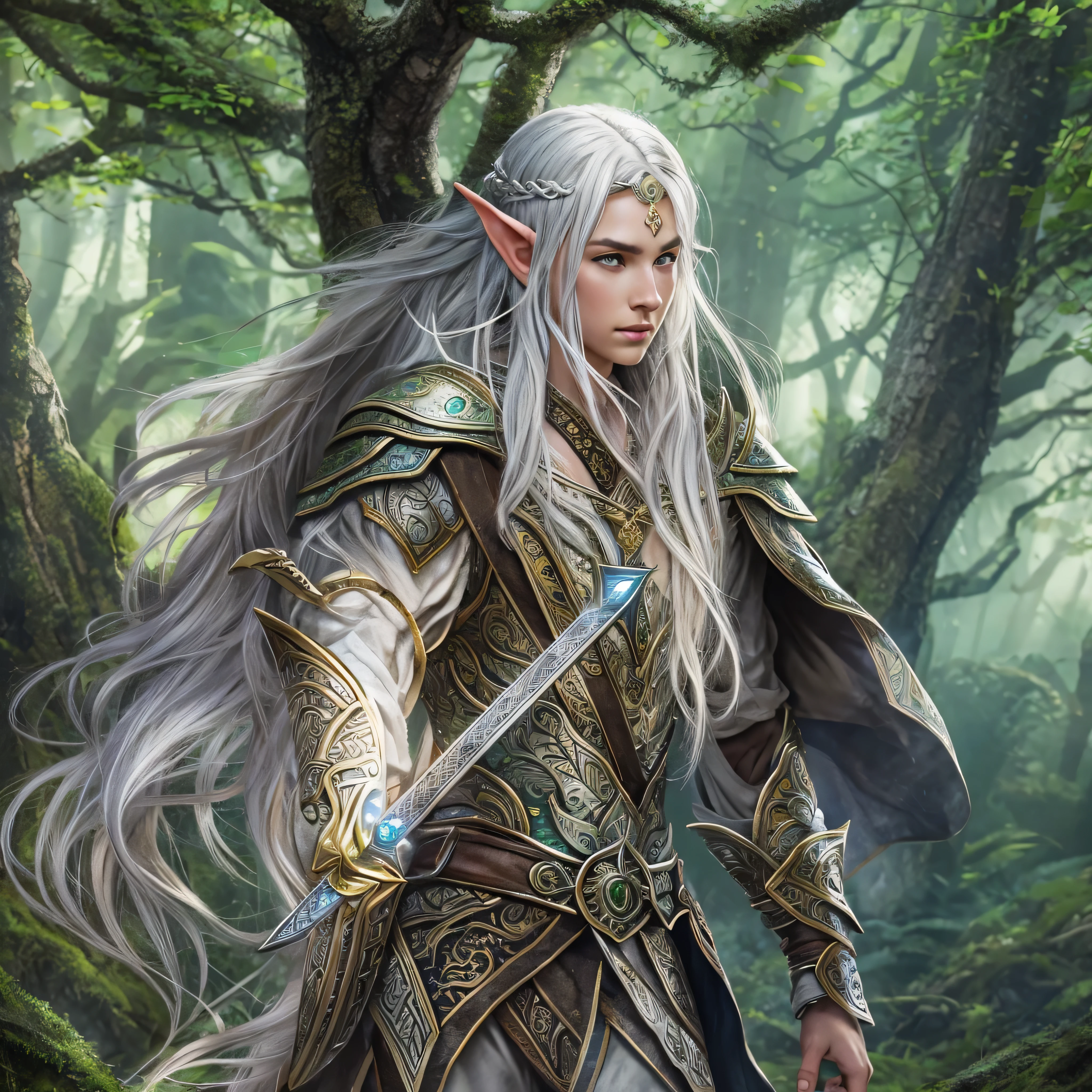 (master piece), 8k, best quality, full body panoramic view, Elf, young, male, With slightly flushed white skin, her long silver hair, green eyes, slim and athletic body, a height of 1.88 meters, which gave him a natural elegance, Detailed warrior outfit, walking in the enchanted forest, holding a sword with rune writing, happy, walking,