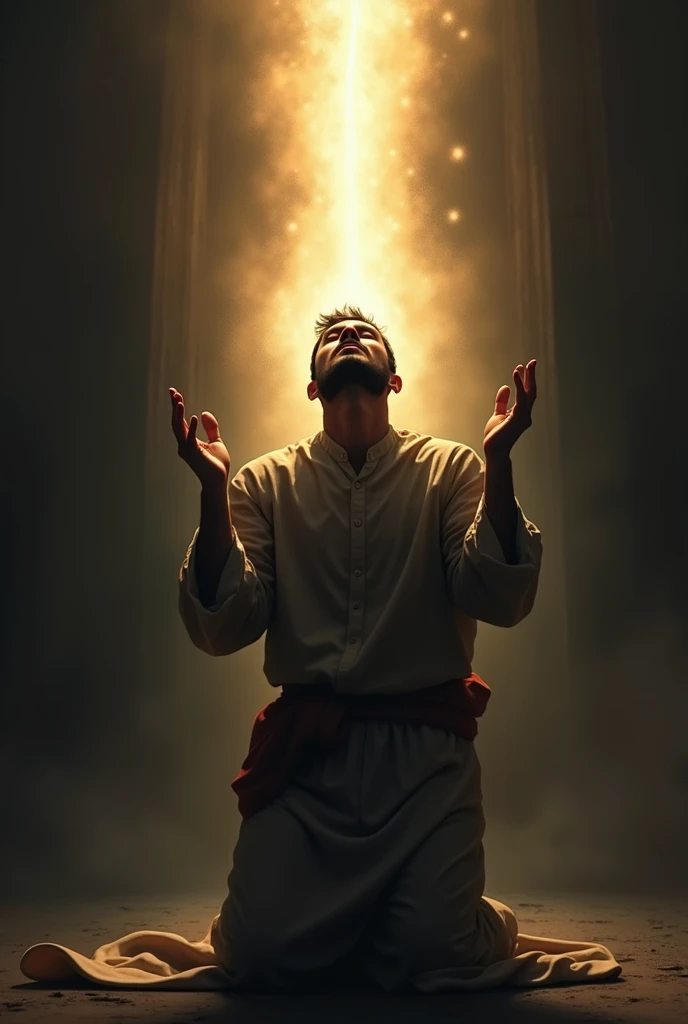 A repentant man raising his hands in prayer, with a glowing light from above symbolizing Allah's mercy and forgiveness.