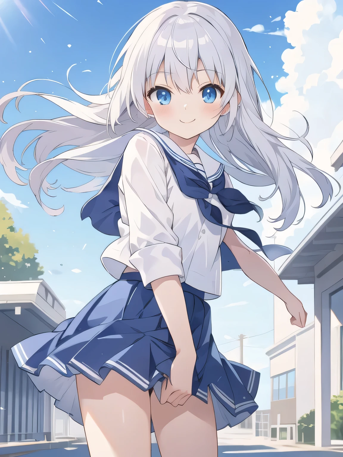 cute girl, アニメ, silver hair, Blue eyes, feel shy, cute, (young:1.1), side shot, cowboy shot, white school uniform, morning, school zone, smile, blue skirt, strong wind, white pantie