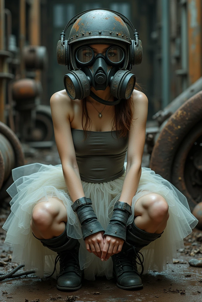 A woman in a dystopian, post-apocalyptic world, blending delicate and rugged elements. She is seated in an abandoned industrial setting, wearing a sheer tutu-like skirt and a form-fitting bodice contrasted with heavy combat boots and gloves. Her face is obscured by a worn, oversized helmet with goggles and respirators, enhancing an air of mystery. The environment is filled with rusted machinery, with a dark color palette of browns, grays, and blacks, symbolizing a poignant juxtaposition of vulnerability and resilience