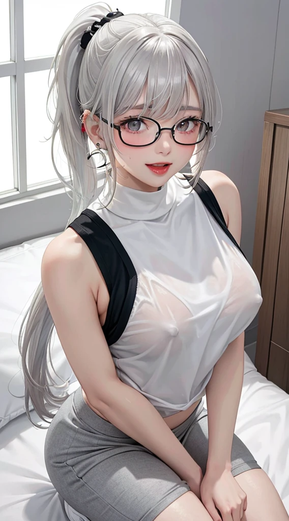 1Girl, 2, Solo, Anime, Ideal body, (Small breast, Hard Nipple). Beautiful, Gorgeous, Fresh, Blunt Bangs, (White Grey Hair:1.5),(Pony Tail Hair:1.3), sport shirt, sports, sporty cloth, sporty skirt, sporty pants, sporty legging, Comfort, Fabric Texture. (Seiza:1.3). Earrings, Thin Black Headband, Eye Glasses, Green Accessories, Environmental Details, Bed Room, Natural Light, Modern Bed, Chair, Window, White Curtain, City View. pov, anime style, UHD, retina, masterpiece, accurate, anatomically correct, textured skin. High Resolution, Looking at the viewer, Blush, Best Quality, Award Winning, Accurate, Embarrassed, seductive smile, naughty smile, horny, sweating, Naughty Face, Chin up, lips open, Gradient Eye Color, Sexy Pose. In the top view shot, the body is bent to the viewer, in front of the camera, looking up to the viewer, tongue out, and with an open mouth. From Above, Close-Up, (sticky goo on breast), (white goo on body), (sweating). Milk, white milk on the breast. Hand correct, arm correct. 2 hand, 2 arm.