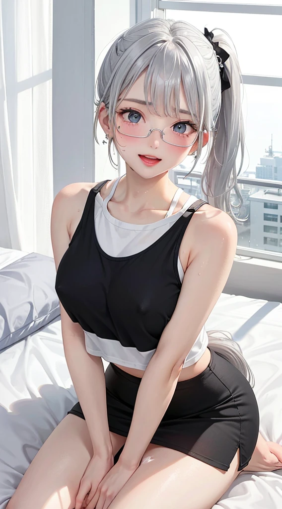 1Girl, 2, Solo, Anime, Ideal body, (Small breast, Hard Nipple). Beautiful, Gorgeous, Fresh, Blunt Bangs, (White Grey Hair:1.5),(Pony Tail Hair:1.3), sport shirt, sports, sporty cloth, sporty skirt, sporty pants, sporty legging, Comfort, Fabric Texture. (Seiza:1.3). Earrings, Thin Black Headband, Eye Glasses, Green Accessories, Environmental Details, Bed Room, Natural Light, Modern Bed, Chair, Window, White Curtain, City View. pov, anime style, UHD, retina, masterpiece, accurate, anatomically correct, textured skin. High Resolution, Looking at the viewer, Blush, Best Quality, Award Winning, Accurate, Embarrassed, seductive smile, naughty smile, horny, sweating, Naughty Face, Chin up, lips open, Gradient Eye Color, Sexy Pose. In the top view shot, the body is bent to the viewer, in front of the camera, looking up to the viewer, tongue out, and with an open mouth. From Above, Close-Up, (sticky goo on breast), (white goo on body), (sweating). Milk, white milk on the breast. Hand correct, arm correct. 2 hand, 2 arm.