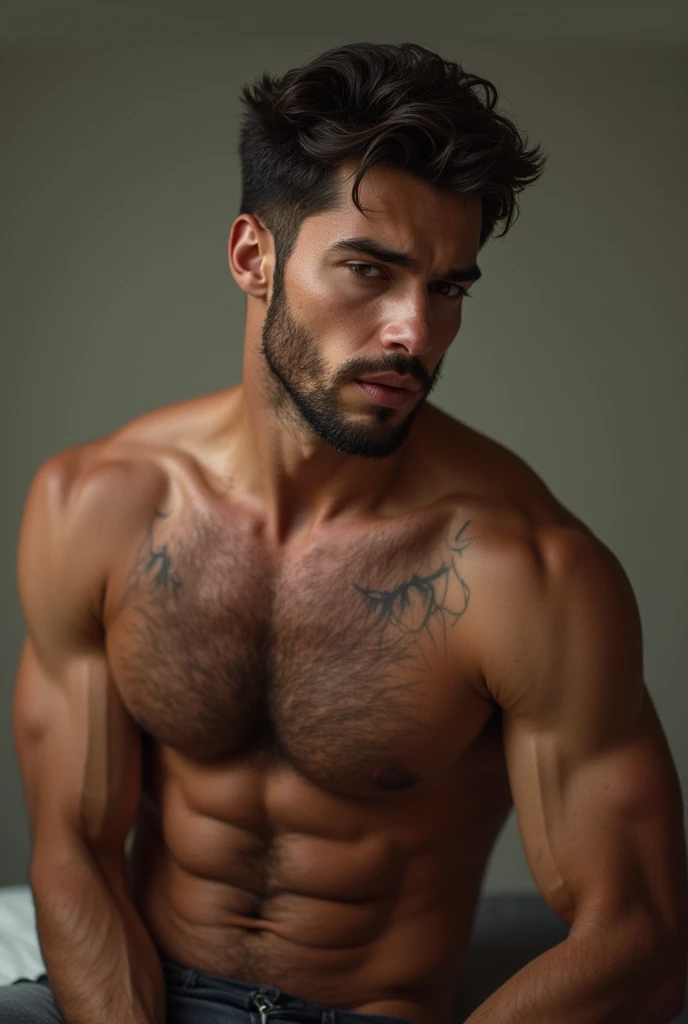 Sexy hot shirtless man with chest hair 