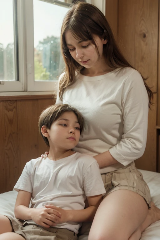 A young boy sitting on his mother's lap in a school, realistic, hyper detailed, high quality, intricate details, masterpiece, photorealistic, extremely detailed face and eyes, beautiful detailed lips, long eyelashes, tender expression, warm lighting, soft colors, intimate embrace, outdoor scene, plush bedding, sunlight filtering through windows, main focus mother and son, 1 woman has big thighs, mother and son's close relationship, where's the young boy at?, younger brother, shorts, skirt