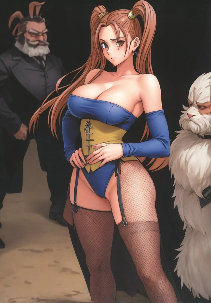 Jessica, with her large breasts, beautiful legs, shoulder-length twin tails, shoulders and arms showing, and a mature face, is standing with her hands on her hips in a black high-cut bunny suit and fishnet stockings.。Standing next to Jessica is a bearded middle-aged man who looks like a bandit.。forest。