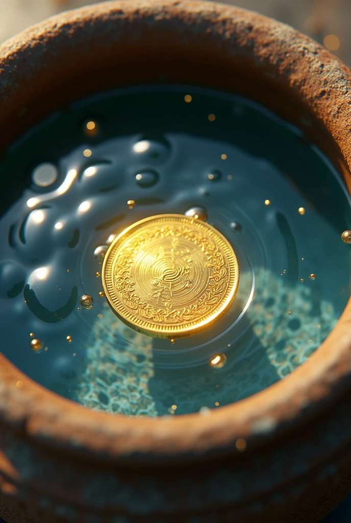 A gold piece inside the pot filled with water a view from the top