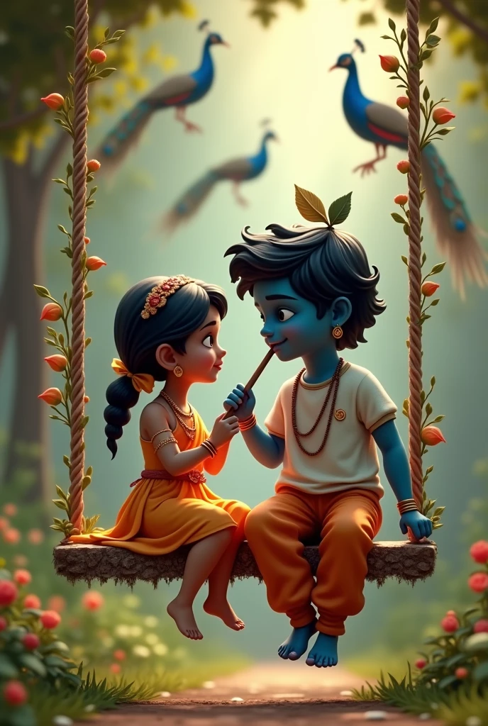 Create 3D image of 1 Indian devotional girl sitting next to Krishna ji and Krishna ji is playing flute, they both are on swing and swing is nicely decorated and sitting together, boy is wearing black color T-shirt with name “ ARTI SHAKYA” written on it, heaven like beautiful scene background, peacock dance, realistic image and boy is bare feet.