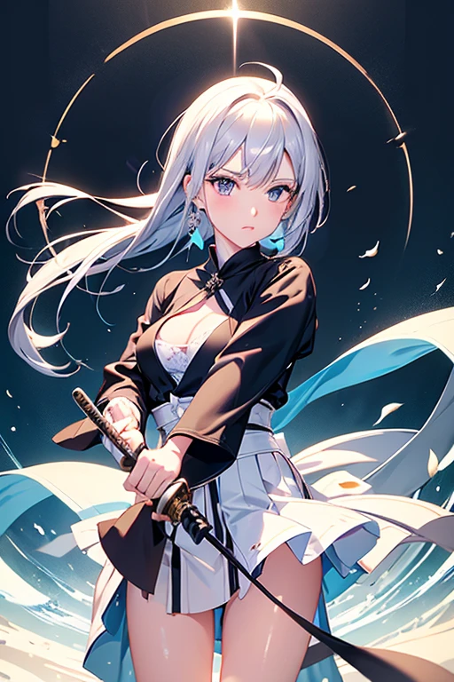 （（high quality、masterpiece、detailed、Normal body、５This finger、Accurate、delicate））、Beautiful Girl Swordsman（（C cup、Holding a Japanese sword in his right hand、Hold the sheath in your left hand、Silver Hair））、Robe、black and white bra、White sexy mini skirt、Her skirt is being blown by the wind revealing her underwear、wielding a Japanese sword、Sword without sheath、Not Available、Good Japanese sword、Blade length 80cm、Scabbard 82cm、Japan Pulling the sword out of its sheath、reap、Feminization:1.7