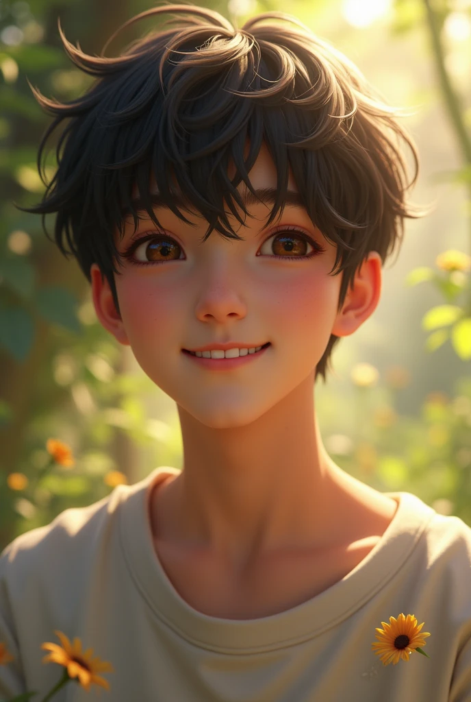 A young omega male with hazel eyes,  slightly dark skin and smiling similar to av from bts