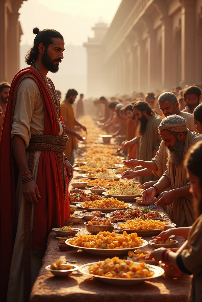 "A grand feast with poor and needy people, sitting in a long line, receiving food. King Bhoj is overseeing the event, ensuring everyone is well-fed, with his head wound subtly visible, symbolizing his dedication."