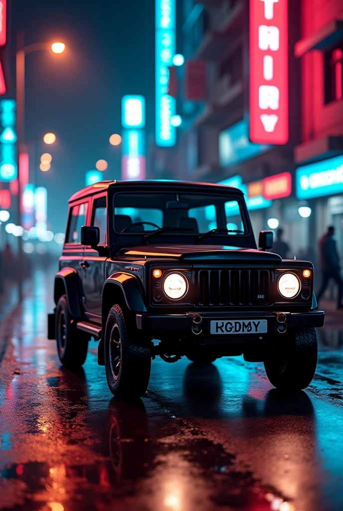 Black mahindra Indian  Scorpio s11 classic car in Indian streets with black tints in night with cyberpunk neon background with foh