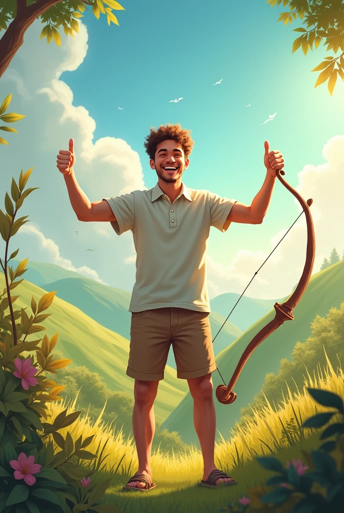 A young man with a radiant smile, with thumbs up and surrounded by a sunny and beautiful landscape, with image of the zodiac sign of Sagittarius. Bow and arrow symbol