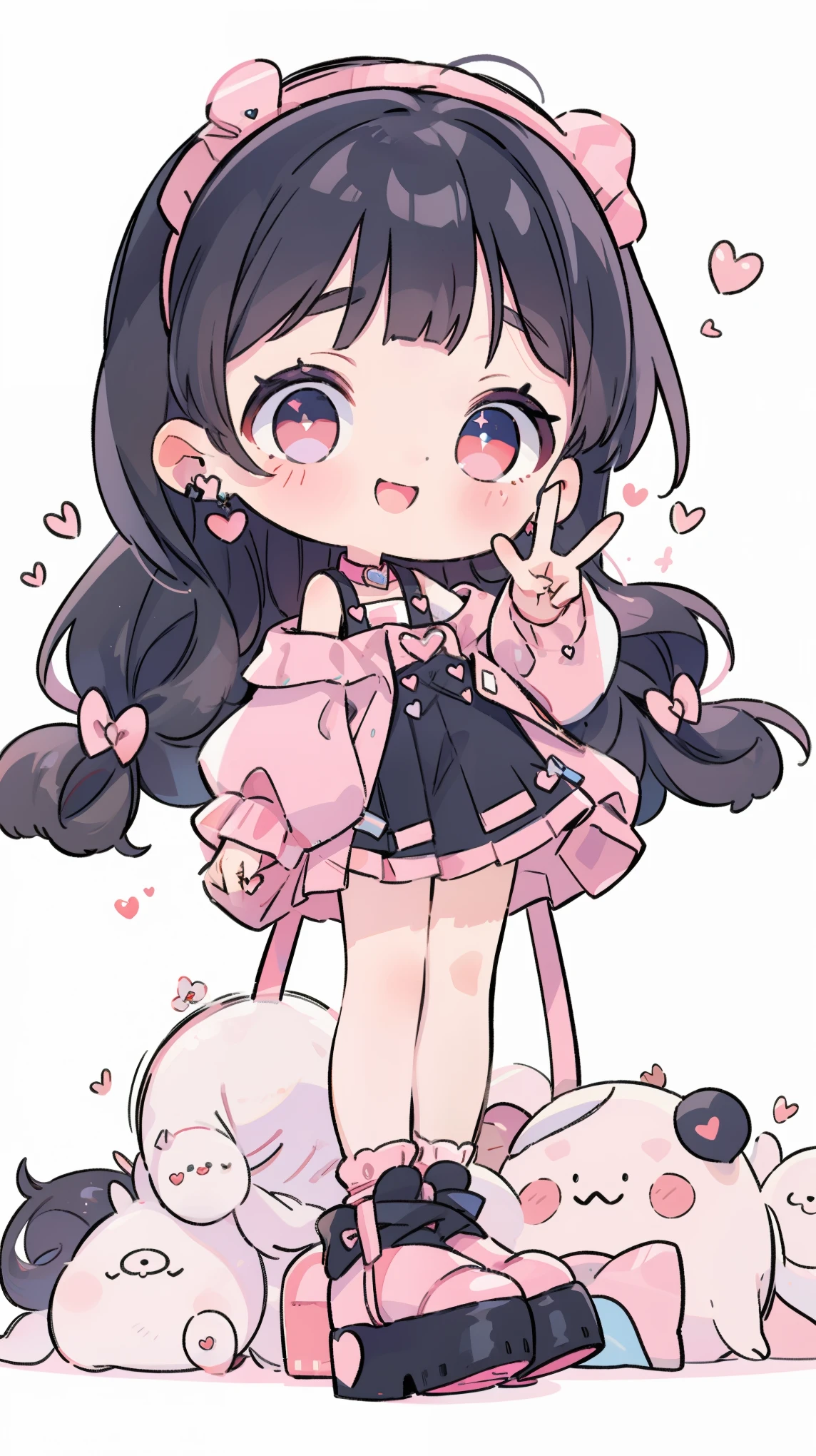 ((from front)),
((chibi)),
((peace sign)),
high resolution,smile,woman,woman1人,adult,cute,
blunt bangs,black hair, pink inner hairwavy hair,long hair,BREAK,
Red eyes,Sparkling Eyes,BREAK,
((Landmine fashion)),
Pink off-shoulder top,BREAK,Black ruffled mini skirt,BREAK,Black high heels,
Ribbon headband,BREAK,Heart Earrings,BREAK,Lace choker,BREAK,
Pink hearts on a white background,