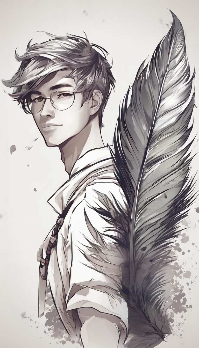 Create a minimal, modern, simple, inspirational, fantastic, poetic, epic, original, memorable, dream like, cinematic logo design of a dreamer boy and a cinematic, memorable white feather for the brand “Penamemoria". The logo design must show the friendship and companionship between a dreamer boy and a fantasy feather