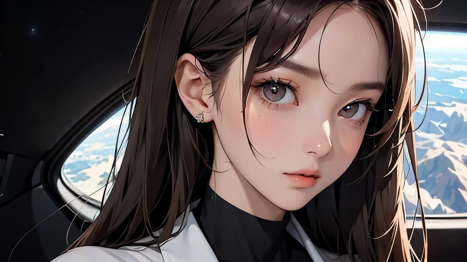 One beautiful woman。Twenty years old。pale brown hair。Detailed drawing of faces。She is wearing a black business suit。She is looking at the camera with a serious expression。Images of outer space and the fourth dimension in the space behind her。