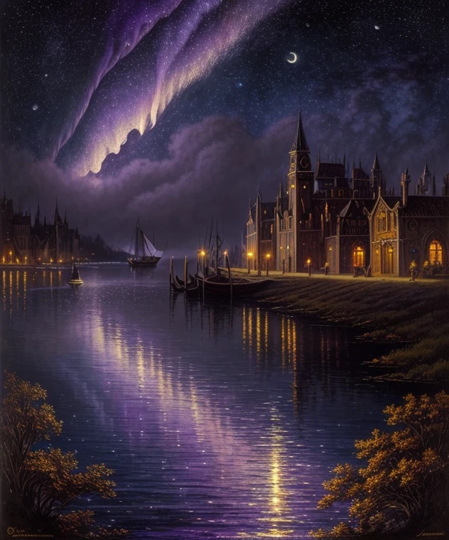 there is a gondola sailboat floating on the water at night with people on it, stars reflecting on the water, far away dreamy atmosphere, space art, tranquility of the endless stars, aurora purple sky, meteor shower on the sky, big moonlit backdrop, mystical night, fantasy victorian harbour night, sky waters, star lit sky, detailed dreamscape, fantasy Victorian art, creative of unique, dynamic, gold accessories, a surrealist painting inspired by gaston bussiere, shutterstock, gothic art, moonlit purple sky, moonlit backdrop, mystical night, victorian harbour night, dream scenery art, deep dark purple waters, baroque painting. star lit sky, detailed dreamscape, fantasy victorian art, fantasy.