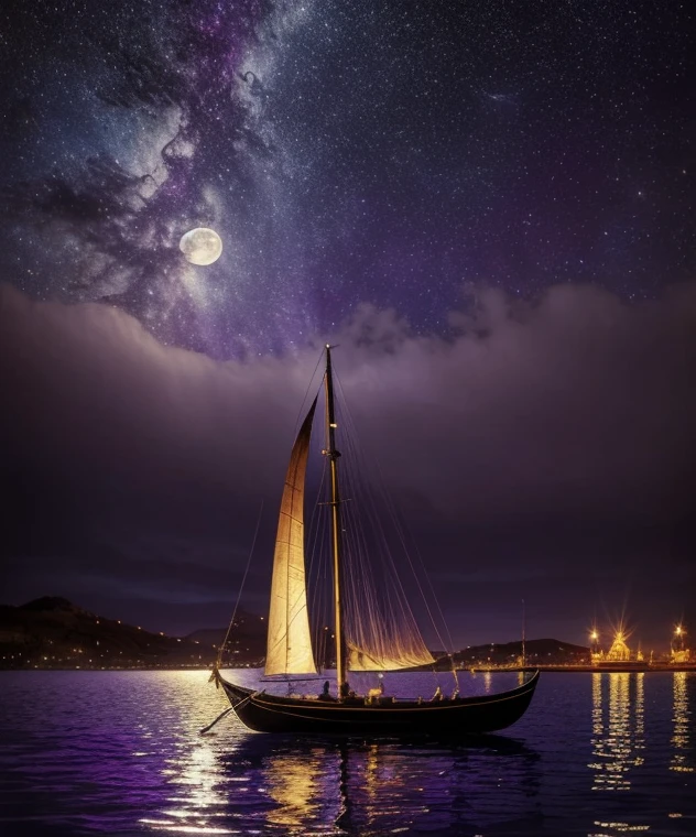 there is a gondola sailboat floating on the water at night with people on it, stars reflecting on the water, far away dreamy atmosphere, space art, tranquility of the endless stars, aurora purple sky, meteor shower on the sky, big moonlit backdrop, mystical night, fantasy victorian harbour night, sky waters, star lit sky, detailed dreamscape, fantasy Victorian art, creative of unique, dynamic, gold accessories, a surrealist painting inspired by gaston bussiere, shutterstock, gothic art, moonlit purple sky, moonlit backdrop, mystical night, victorian harbour night, dream scenery art, deep dark purple waters, baroque painting. star lit sky, detailed dreamscape, fantasy victorian art, fantasy.