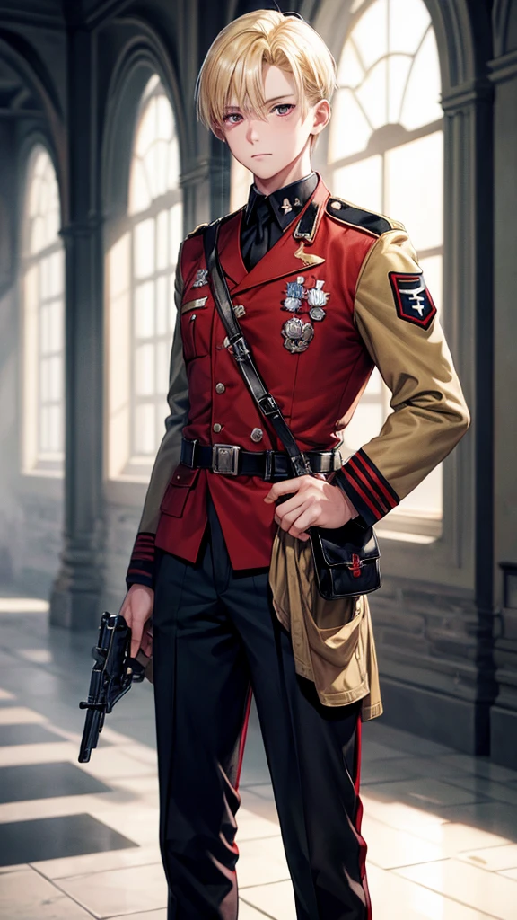 There was a 1 boy with blonde hair and red eyes, wearing a cool Nazi German soldier uniform.