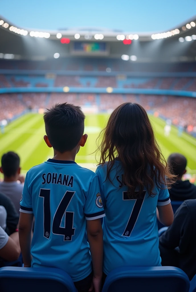 One boy sohan and girl samita are seeing mancity vs realmadride football match.they wearing mancity jersy.the boy name sohan and the girl name samite are showing there jersy