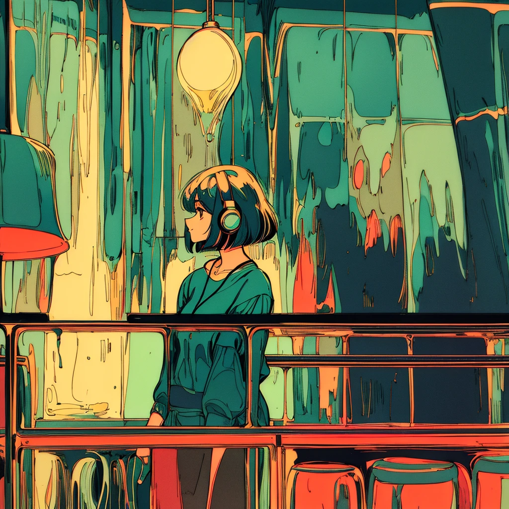 work of art, city pop style, hair green, Cute bob cut, Wearing Headphones, shoulder height, standing alone, futurist, Yet, praise, retro, vintage, phantom, a light smile, Drinking cocktails in a jazz bar, (( wide plan))