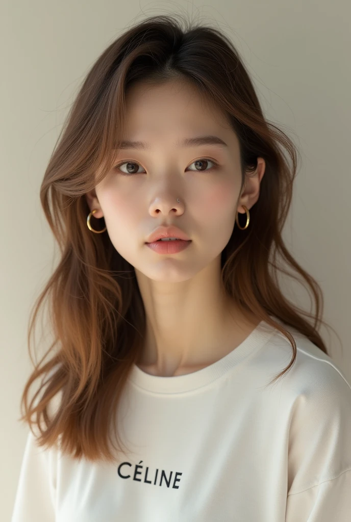 Below shoulder long、Layer Styles、Thin tip、A refined and stylish young woman with a clear complexion、Thready hair、Shiny Hair、Gold Hoop Earrings、Celine T-shirt、Brown Color Hair、Japanese